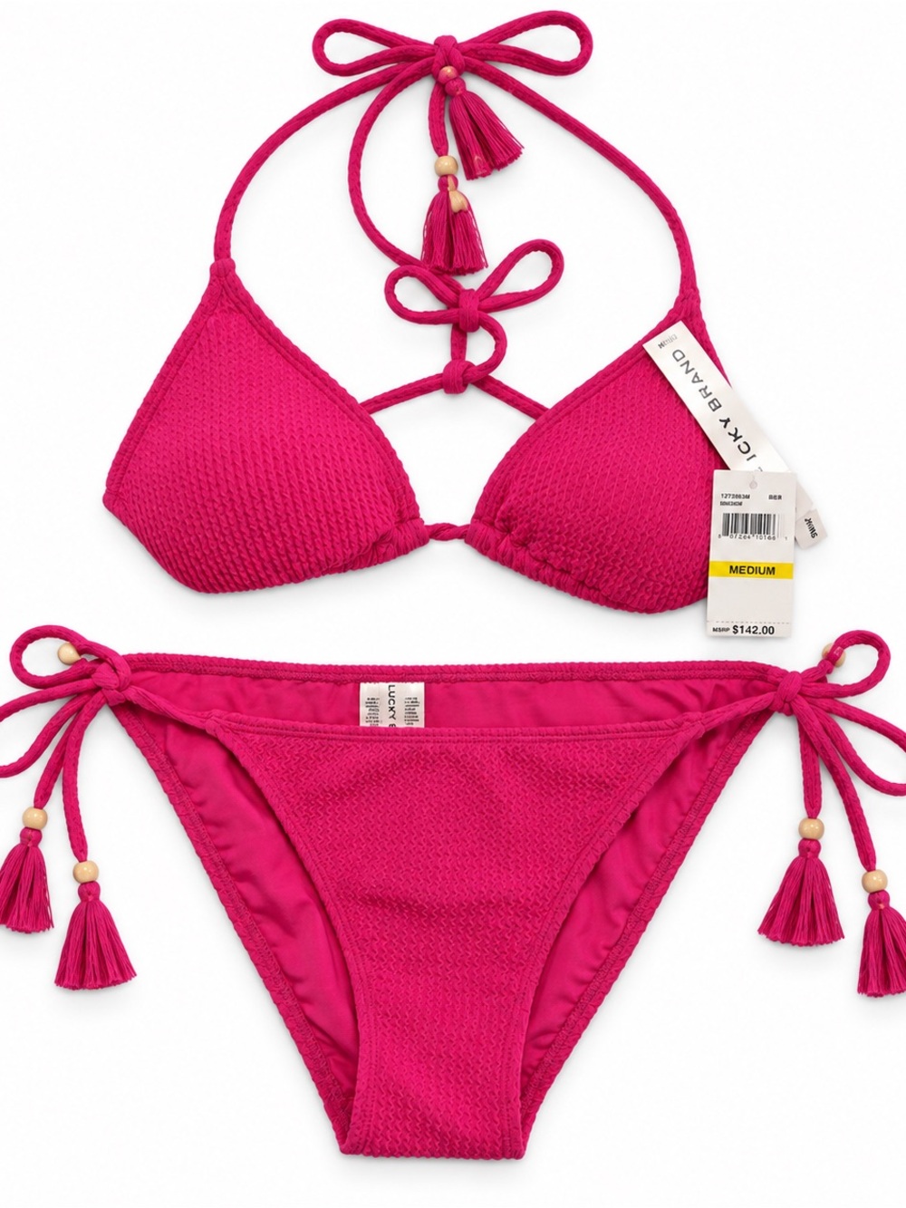Lucky Brand Hot Pink Textured Tie-Side Triangle Bikini Set